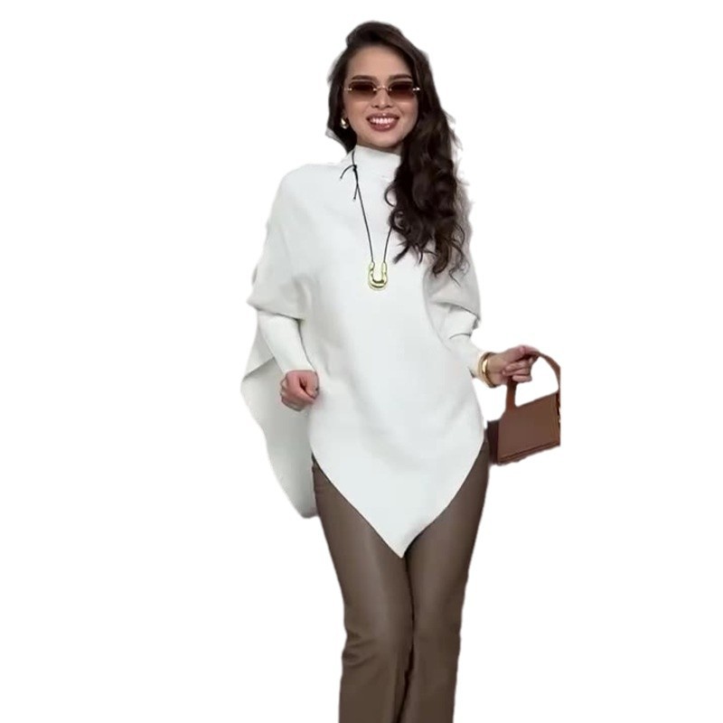 2024 otoño nuevo Europa y América Amazon ropa de mujer transfronteriza color sólido diseño irregular sensación de camisa de murciélago suéter de punto