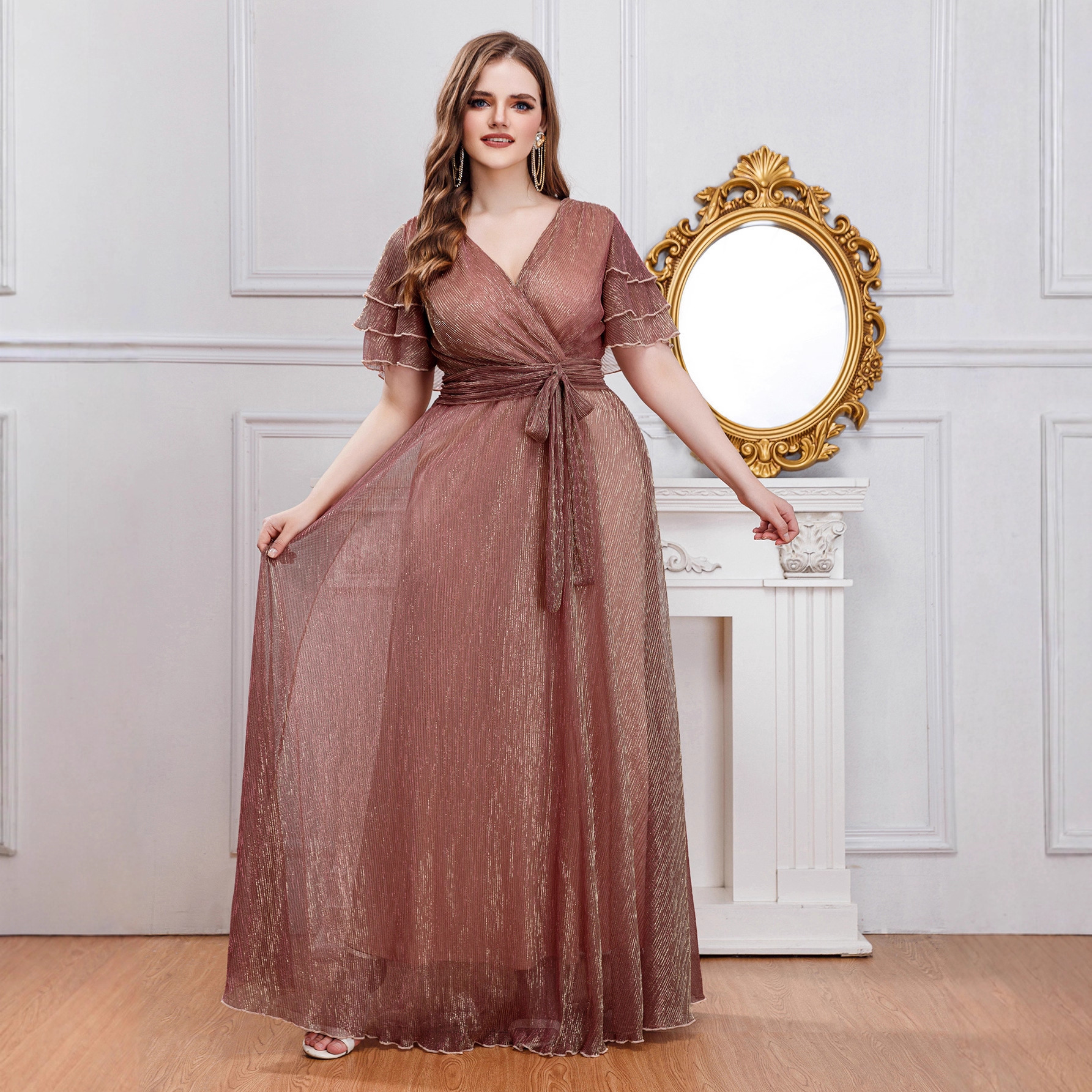 Cross-Border European and American Wedding Bridesmaid Dress V-Neck High-Waisted Elegant Amazon Mesh Plus-Size Dress