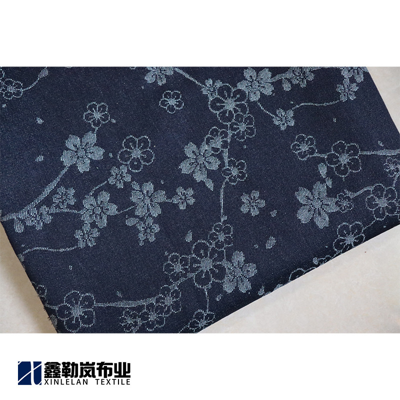 Plum Blossom Pattern Denim Clothing Fabric, Yarn-Dyed 10-Count Jacquard Denim, Retro National Style Denim Fabric in Stock