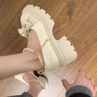 French Mary Jane Small Leather Shoes for Women 2025 Spring and Summer New Thick-Soled Bow with Skirt Heightening Thick-Heeled Shoes for Women
