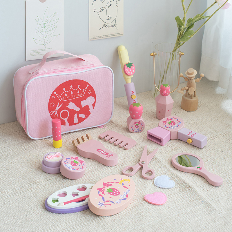 Children's Artificial Play House Role Simulation Girl Satchel Cosmetic Bag Lipstick Makeup Hairdressing Set Wooden Toy