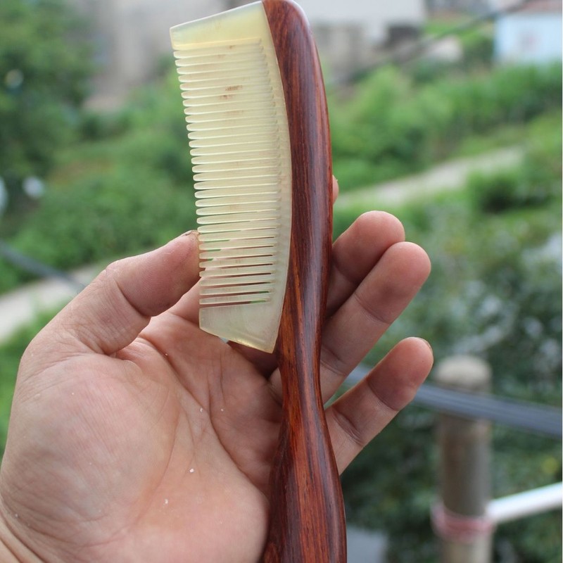 爆款羊角镶红酸枝长柄梳天然红酸枝镶天然羊角梳子双弯手柄梳|undefined