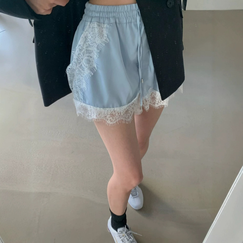 Korean Chic Summer New Design Lace-Trimmed Satin Three-Button Elastic Waist Casual Shorts for Women Korean Chic Summer New Design Lace-Trimmed Satin Three-Button Elastic Waist Casual Shorts for Women