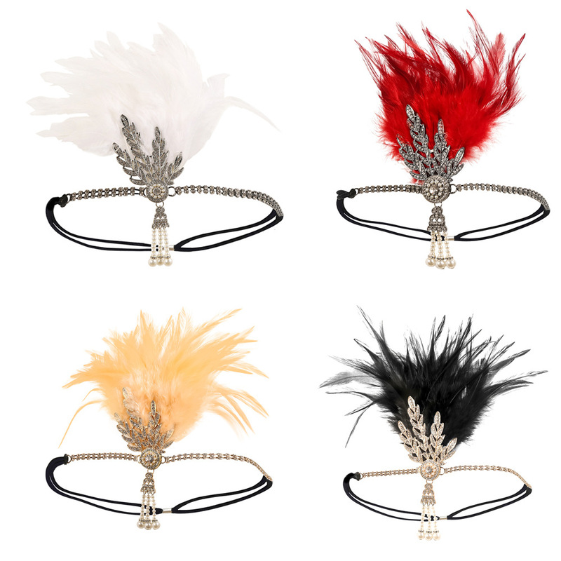 1920S Gatsby Style Feather Headband for Women, Rhinestone Pearl Tassel Headband, Party Dress-Up Cross-Border Wholesale