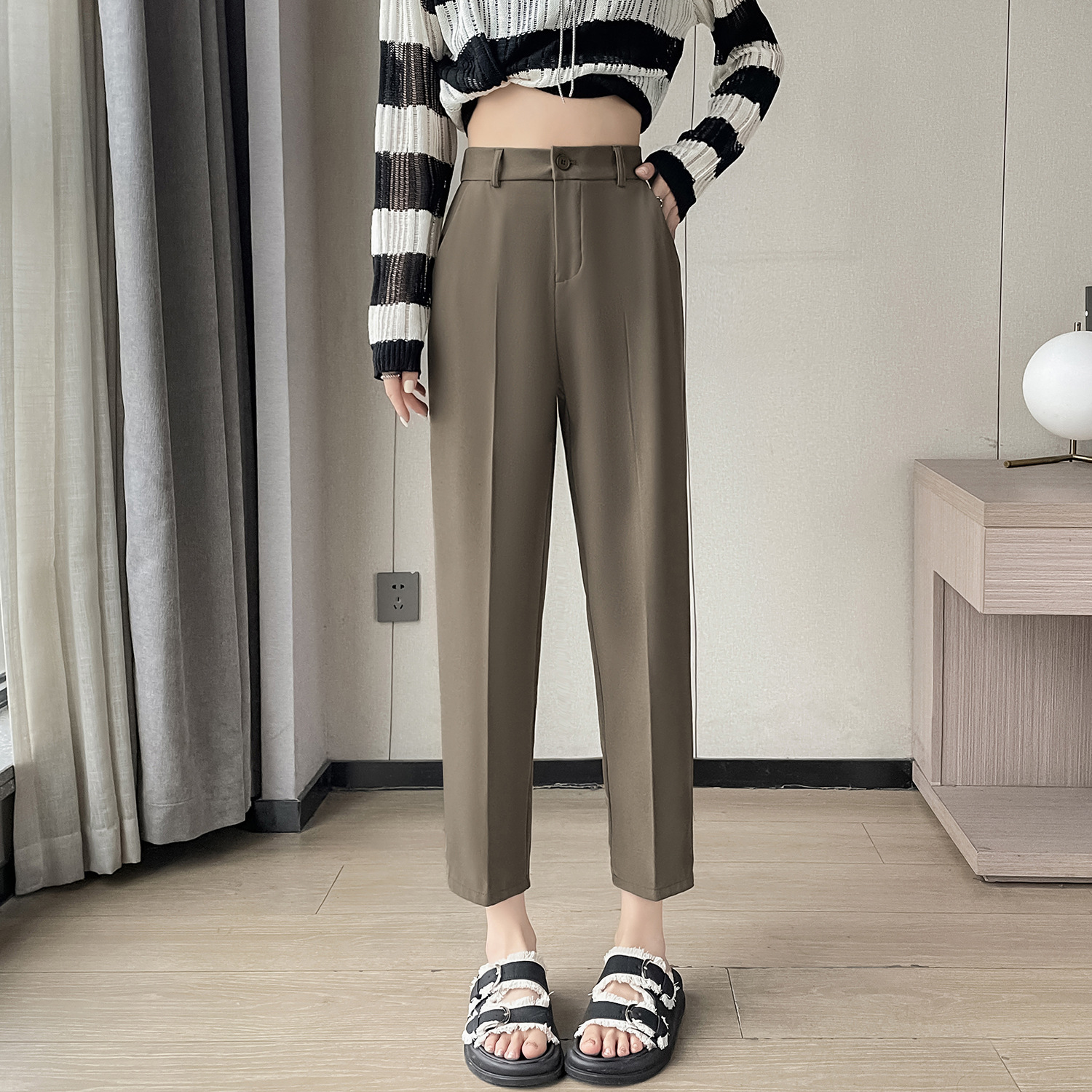 Gray Suit Pants for Women Spring and Summer New Ice Silk Pants with Drapey Slim Harem Nine-Point Casual Straight Cigarette Pants