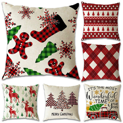 圣诞节红黑格子麋鹿抱枕套家居用品办公室客厅亚麻方形沙发靠枕