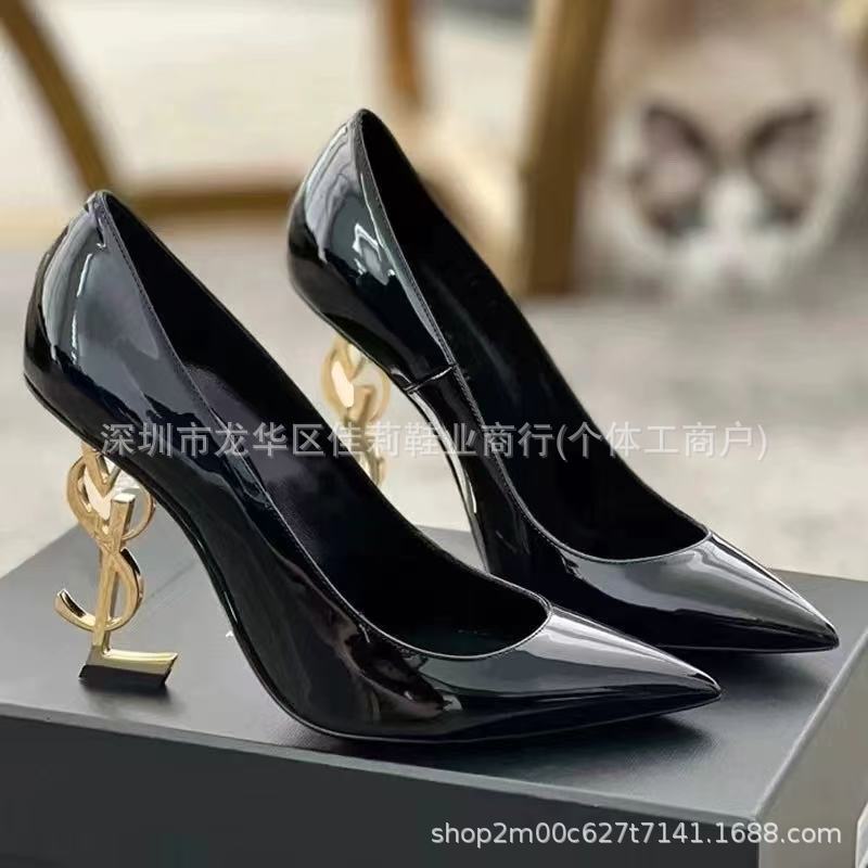 Cross-Border In-Stock Items: Lanlan's European and American Celebrity Style Patent Leather Pointed-Toe High Heels, Irregular Heel Single Shoes, Fashion Shoes, Large Sizes
