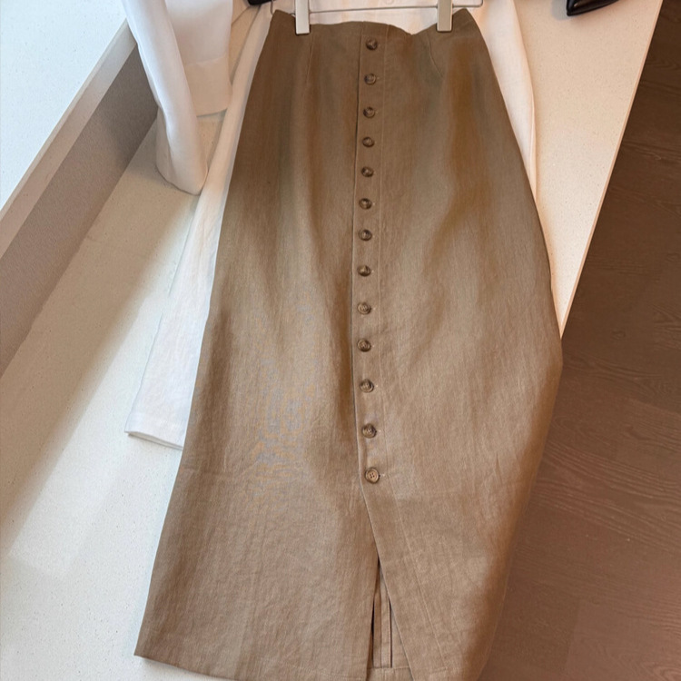 Old Money Style Coffee-Colored Linen Midi Skirt for Women 2025, Slimming Design with Single-Breasted Slit, Unique Skirt by Weinaishi