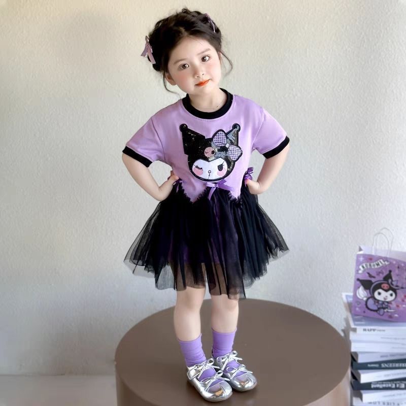 Girls' Kuromi Dress Summer New Style Children's Short-Sleeved Princess Dress Baby Summer Dress Spliced ​​Mesh Skirt