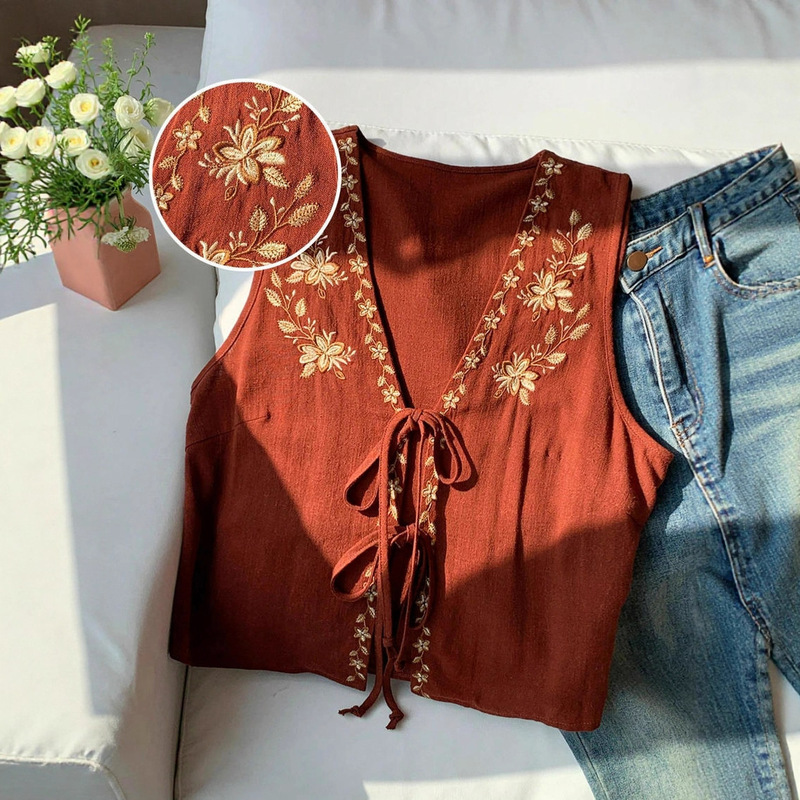 2025 Amazon Cross-Border Independent Platform Fashion Embroidered V-Neck Cotton and Linen Sleeveless Tie-Up Top New Vest Short Style