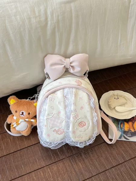 New Korean-style backpack with bow and lace trim, bunny ear backpack, mini student schoolbag