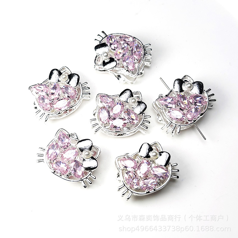 Sen Yi Jewelry Double-Sided Zircon-Inlaid Kt Cat Head Beads with Hole for DIY Straight Hole Beading Phone Chain Accessories