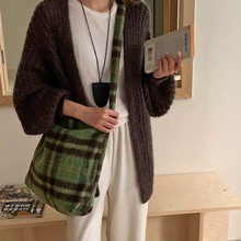 秋冬大容量毛呢斜挎包香草绿格子通勤包百搭女士单肩包斜挎包