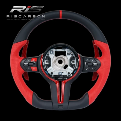 Red perforated leather grip red label steering wheel compatible with BMW F30F10F11F15F16F20F25F18F26