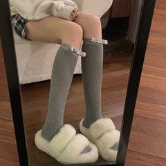 減齡甜美風蝴蝶結襪子女夏季2024新款長筒堆堆襪純色百搭jk小腿襪