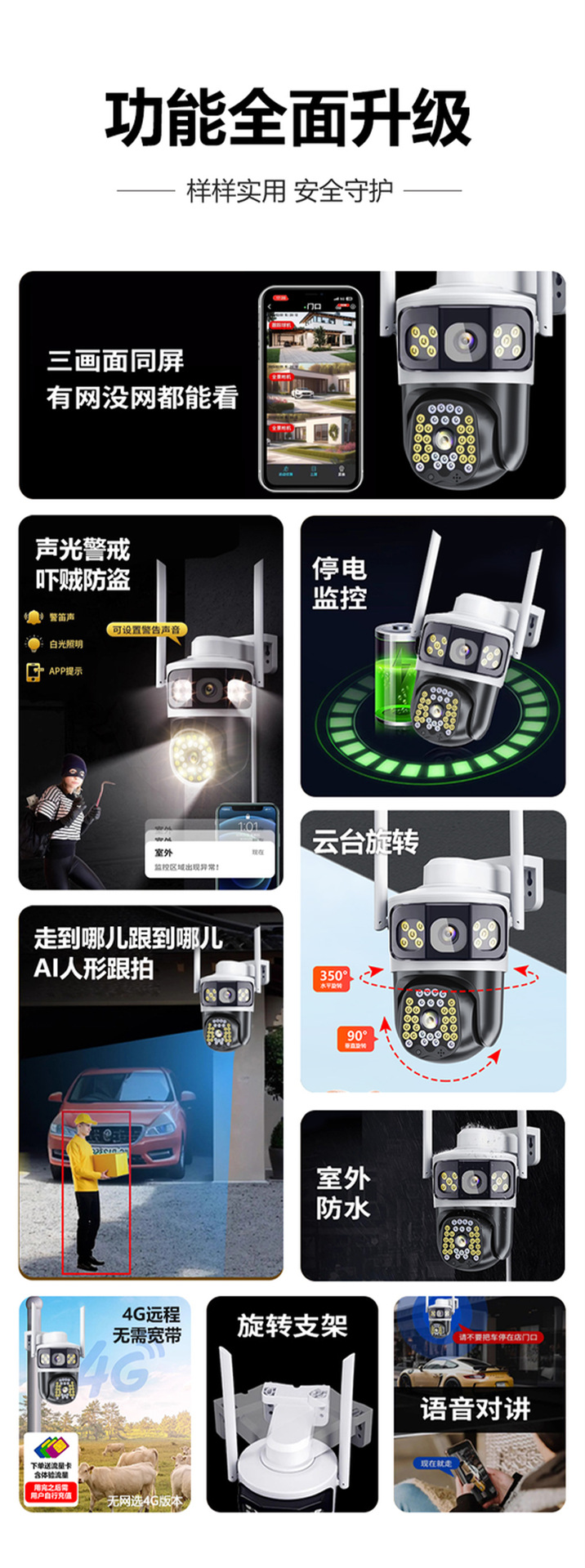 High-definition camera 360-degree panoramic view without blind spots, outdoor wireless home, mobile phone remote three-screen details Picture