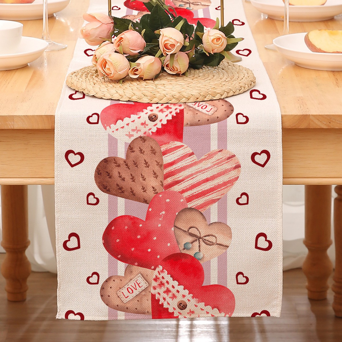 Camino de mesa temático de San Valentín para decoración transfronteriza, mantel rojo estampado de Amazon, decoración de restaurante, estilo nórdico, decoración del hogar, tira larga