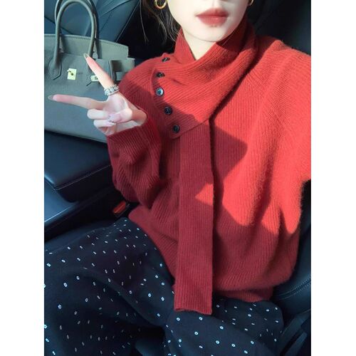 Unique and beautiful red women's sweater with Korean design sense, high-end soft and fluffy turtleneck knit top for autumn and winter, lazy style.