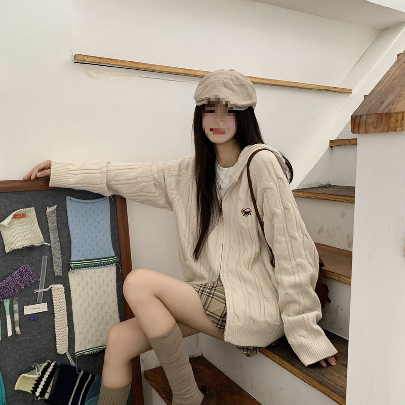 小仙倪子学院风连帽针织衫女秋季超好看绝美双拉链慵懒感毛织上衣|undefined