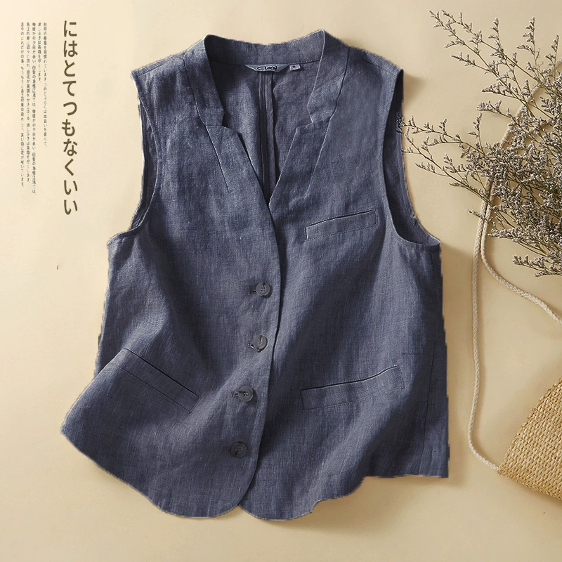 Retro vest sleevless, cotton and linen, oversize