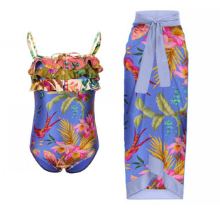 Tropical Fantasy Flower Fairy Ruffle Swimsuit Set Sweet Floral Suspender Layered One-Piece Swimsuit Skirt