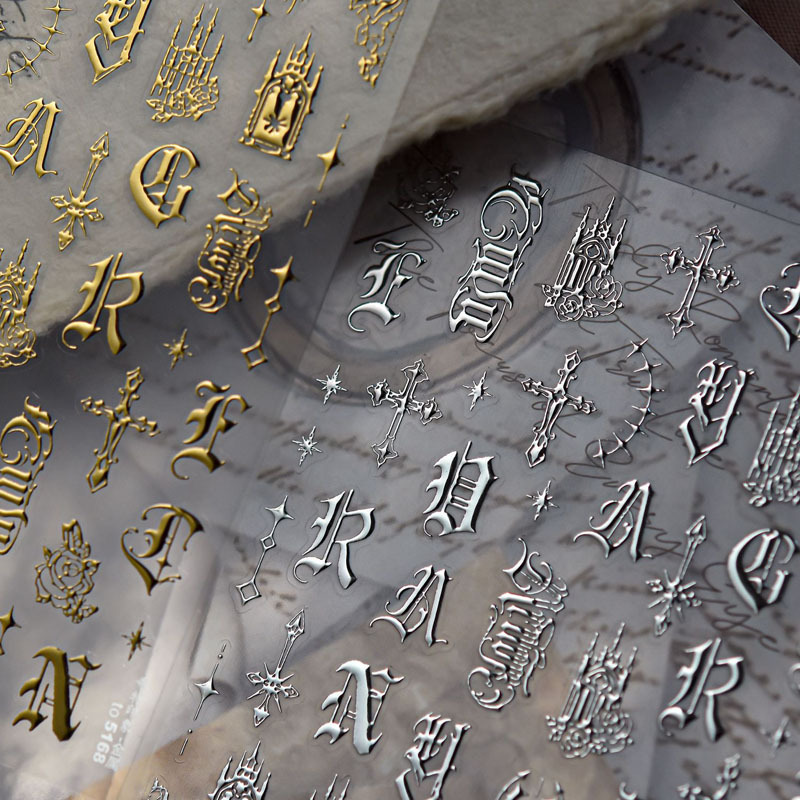 Gold Gothic Letter Nail Stickers Embossed New 3D Style Internet Celebrity Ins Punk Nail Sticker Decorations