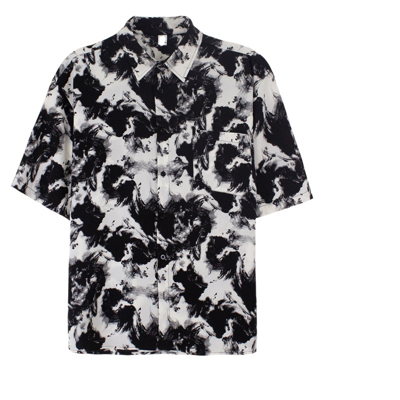 Top de verano Corea del Sur suelta de alto grado drapeado camisa de manga corta de moda masculina Ruan pintura de tinta guapo Camisa sin planchar moda