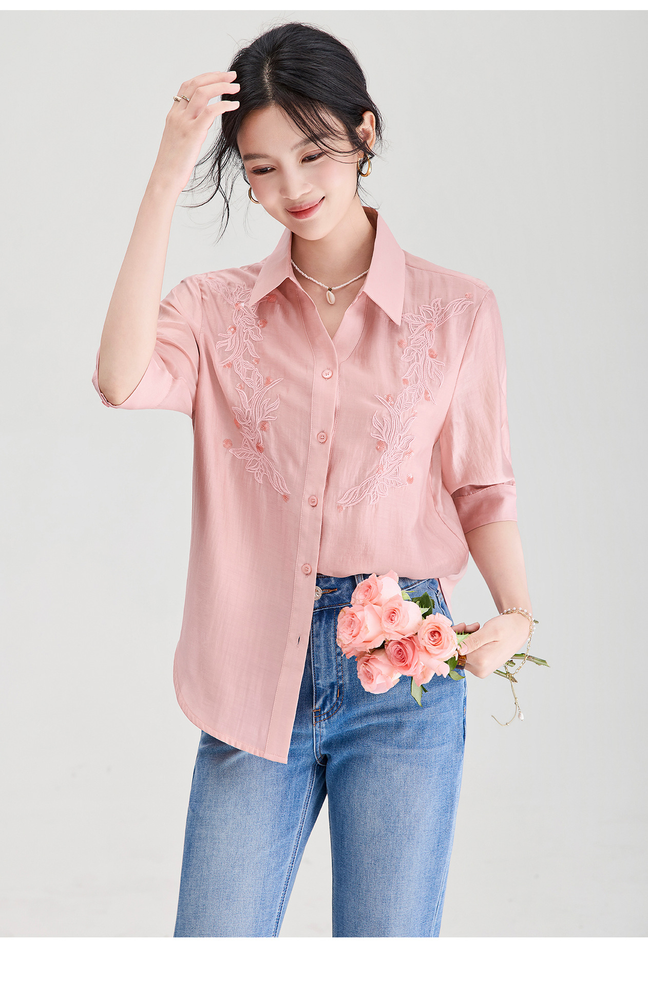 Áo sơ mi nữ tay dài chất liệu Lyocell thêu ren Pháp dáng rộng mùa hè — Bột da chi tiết 16