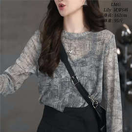 江南烟雨复古抗皱长袖T恤夏季新款慵懒气质上衣大码打底罩衫女