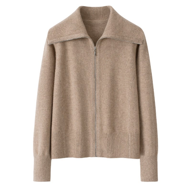 Pure Cashmere Large Lapel Women's Cardigan European and American Style Polo Collar Loose Women's Zipper Jacket Long-Sleeved Knitwear Top Pure Cashmere Large Lapel Women's Cardigan European and American Style Polo Collar Loose Women's Zipper Jacket Long-Sleeved Knitwear Top