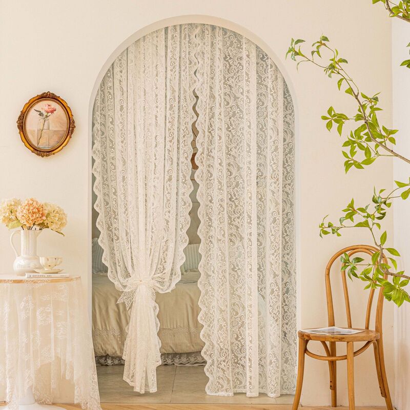 No-Drill Door Curtain Ins French Lace Sheer Curtain Bay Window Partition Retro Magic Curtain American Pastoral Fresh Style No-Drill Door Curtain Ins French Lace Sheer Curtain Bay Window Partition Retro Magic Curtain American Pastoral Fresh Style