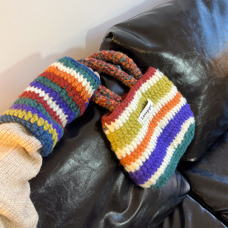 Autumn Winter New Warm Knitted Retro Rainbow Wool Korean Ins Trend Bag Gloves Hat Three-piece Set_voghion.com
