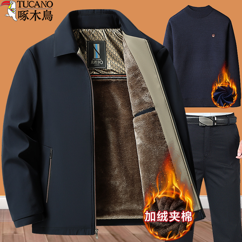 Woodpecker Dad Winter Outfit Set for Middle-Aged Men, Fleece-Lined Thickened Jacket for Men in Their 50S, 60S, and 70S, Grandpa Clothes