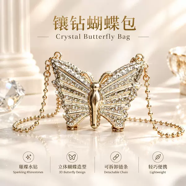 Versatile Women's Urban Daily Casual Fashion Decorative Butterfly Rhinestone Metal Chain Women's Crossbody Waist Chain Small Bag