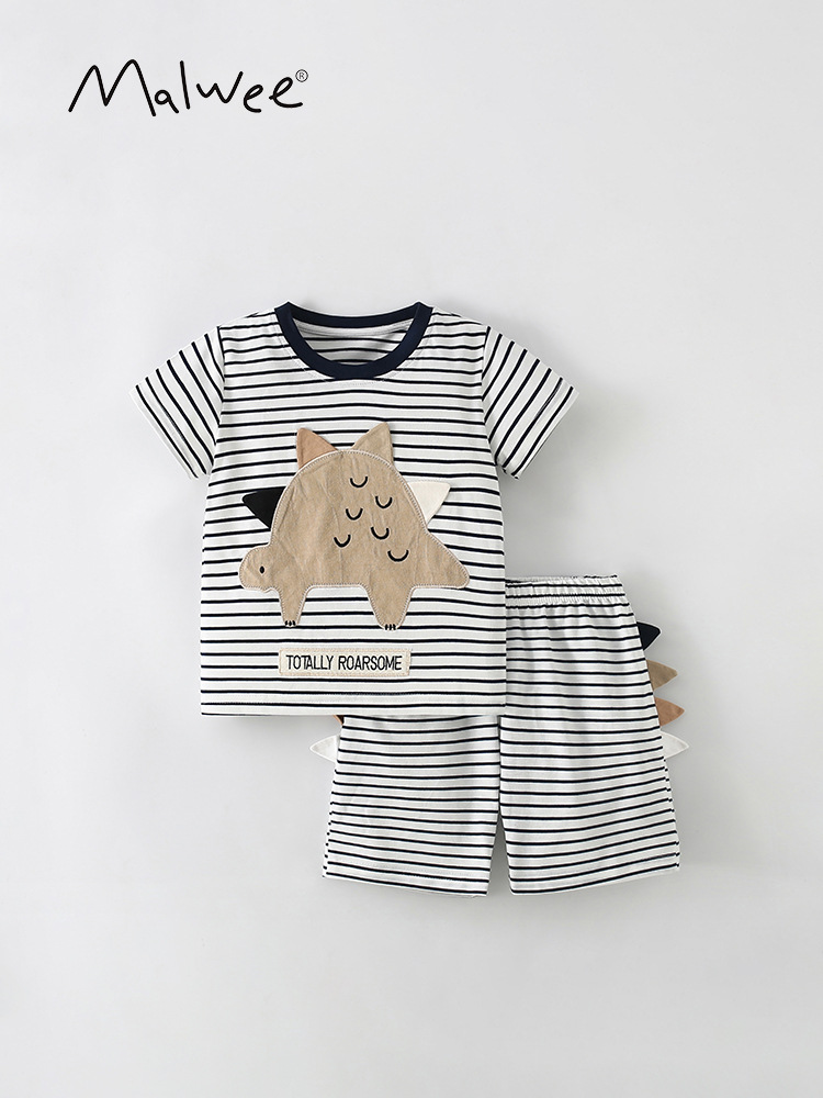 Malwee niño conjunto de rayas de verano nuevo estilo europeo y americano para niños cuello redondo casual pantalones de cintura elásticos de manga corta