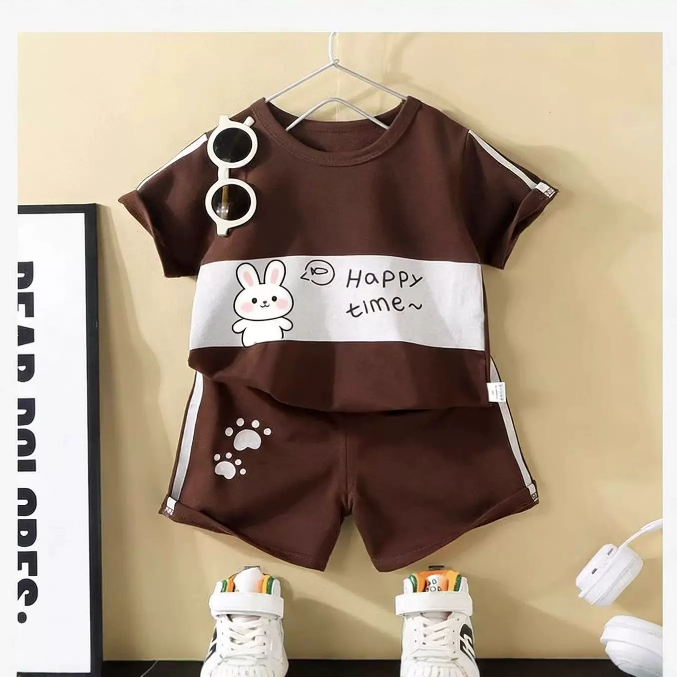 撞色夏款儿童新款纯棉套装圆领男女童T恤套装印花短袖短裤卡通