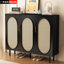 实木鞋柜家用门口室内复古轻奢藤编大容量储物柜玄关入户收纳柜子