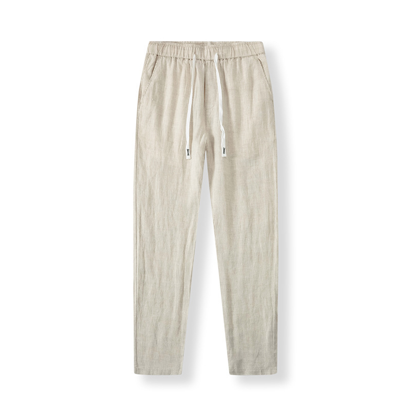 Pure Linen Breathable Chinese Style New Gray Blue Long Summer Thin Simple Casual Men's Pants White_viptrois.com