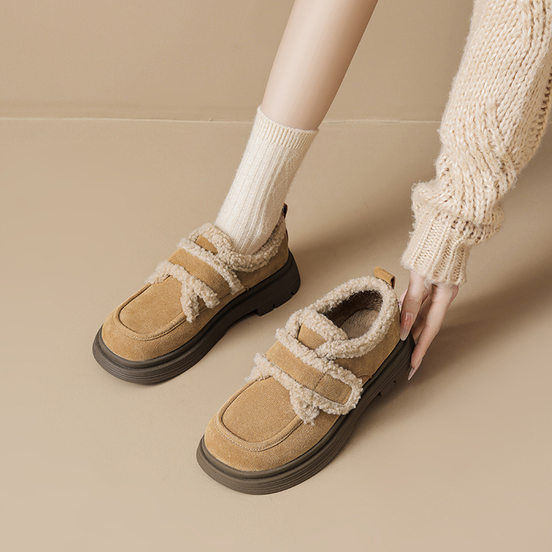 Augu Lion Dengjia Boccan zapatos de caño de mujer 2025 nuevo suela gruesa todo incluido zapatos de algodón casuales de un pie zapatos de lana