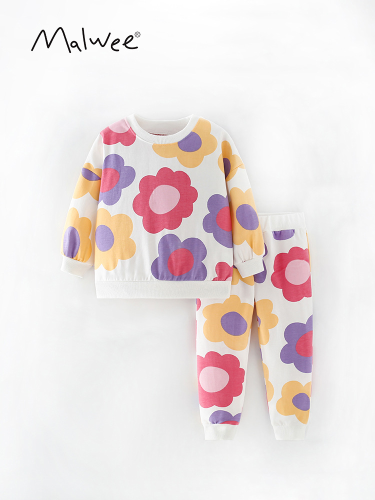 En stock malwee niñas traje otoño nuevo europeo y americano niños casual impreso pantalones de manga larga conjunto de dos piezas