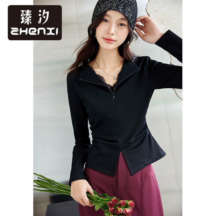 Zhenxi New Style Neckline Lace Stitching Pleated Waist Zipper Knitted Sweatshirt Women's Long-Sleeved Slim Top Sr061