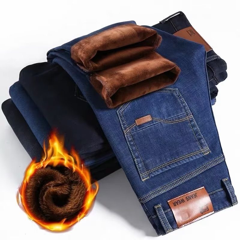 Men's Jeans Men's Autumn fleece-lined Loose Straight Simple Thickened Warm Winter Middle-aged Autumn and Winter Casual Long Pants