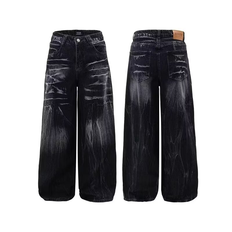 Men's Clothing retro wide leg jeans design sense water marks black and gray loose and slim casual mopping pants _ipsvogv.com