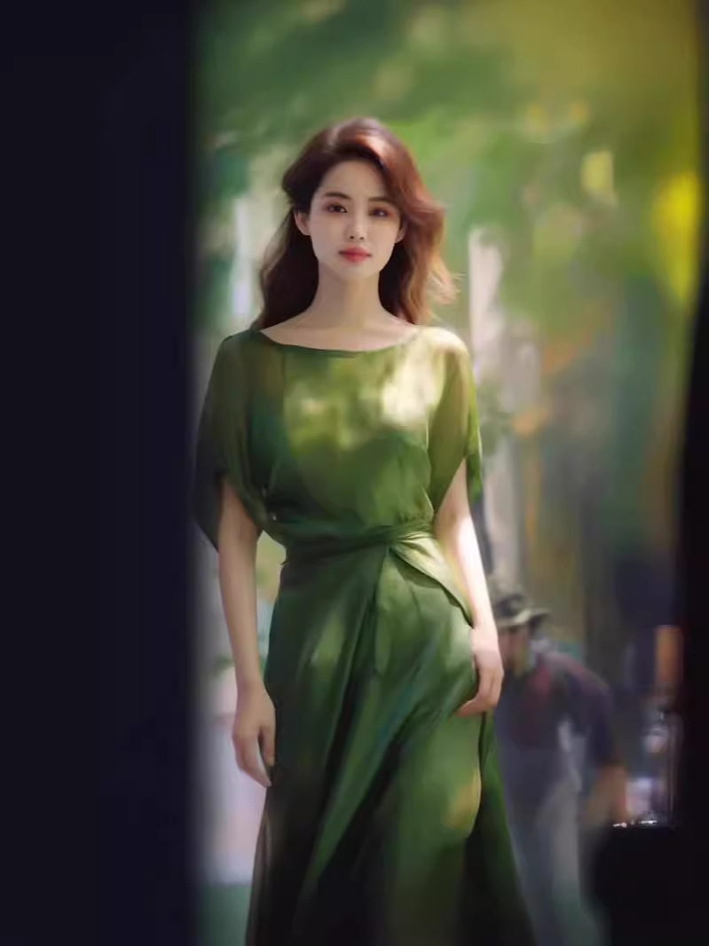 Đầm midi nữ phong cách Pháp eo thon dài qua gối — Váy liền màu xanh lá