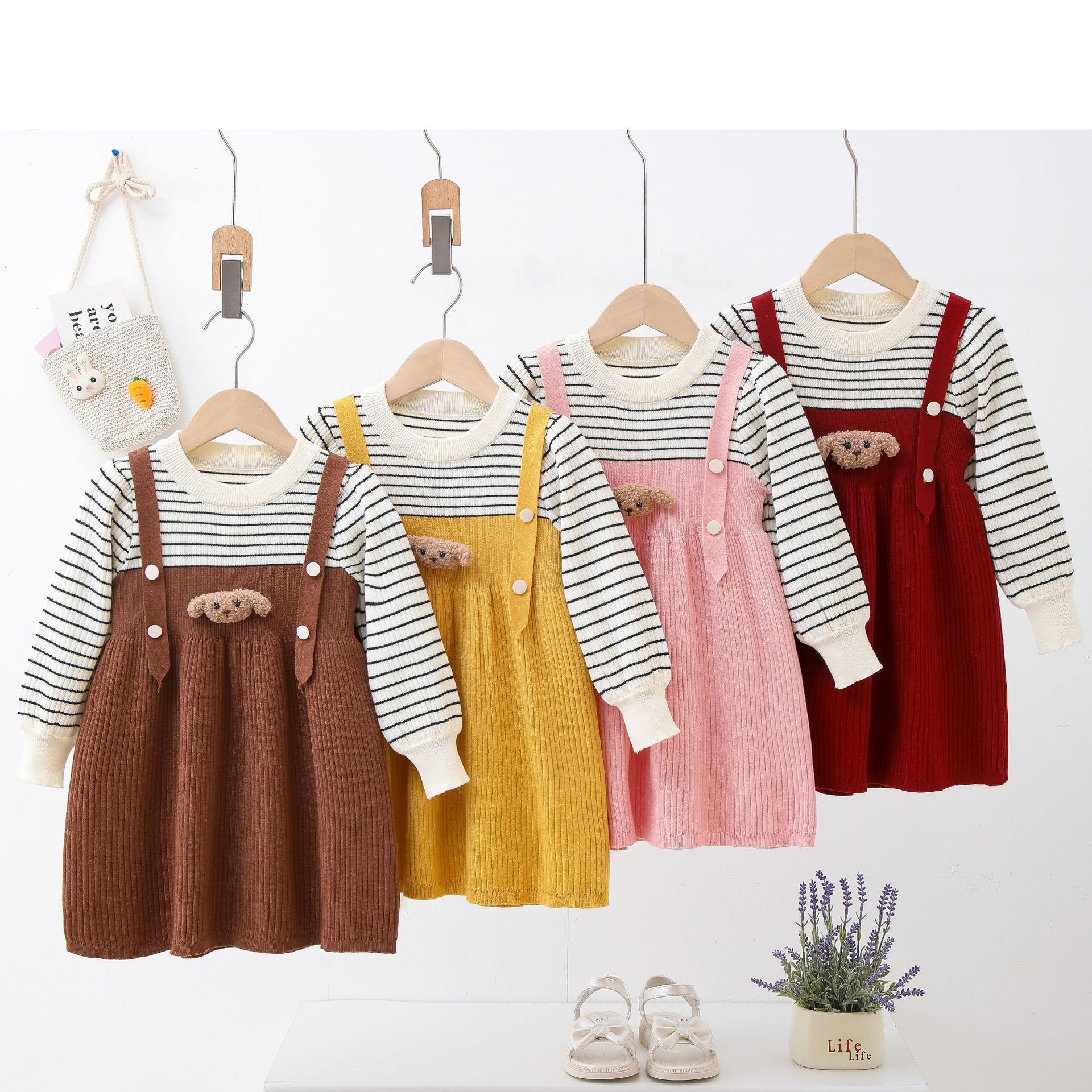 Bambini Primavera e Autunno Nuova Edizione Coreana Bambina Carino Cane Finto Due Strisce Moda Vestito Stile Trendy_voghion.com