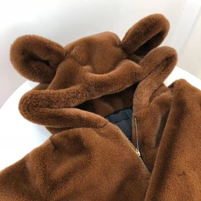 Winter New hooded loose cute bear ears thickened plush mid-length small zipper coat fashion_voghion.com
