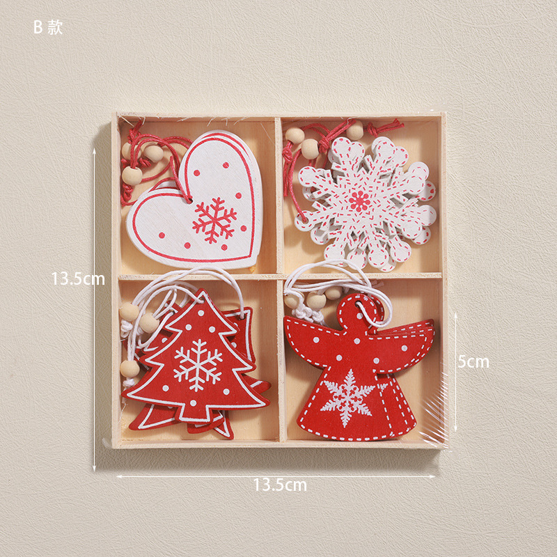 Colgante pequeño en caja de madera transfronteriza Árbol de Navidad Colgante rojo Navidad nórdica Copo de nieve Colgante de madera de alce de cinco estrellas