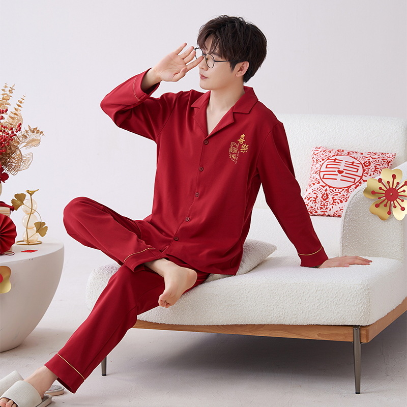 Pijamas hombres primavera y otoño algodón manga larga rojo brillante año animal algodón fino otoño primavera y verano ropa para el hogar
