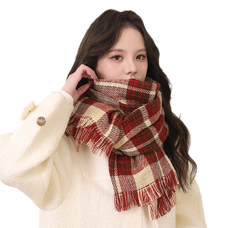 Red scarf women's winter 2024 new Korean version New Year's warm couple Christmas gift checkered pattern_voghion.com