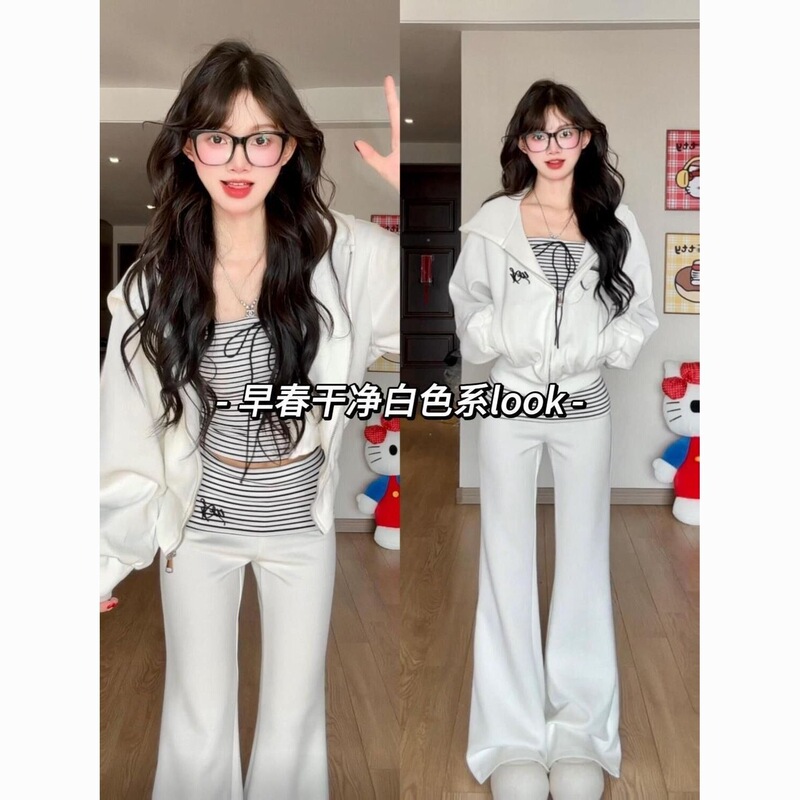 Three-piece women's outfit for spring 2026: casual long-sleeve sweatshirt jacket paired with striped strapless top and slimming casual pants